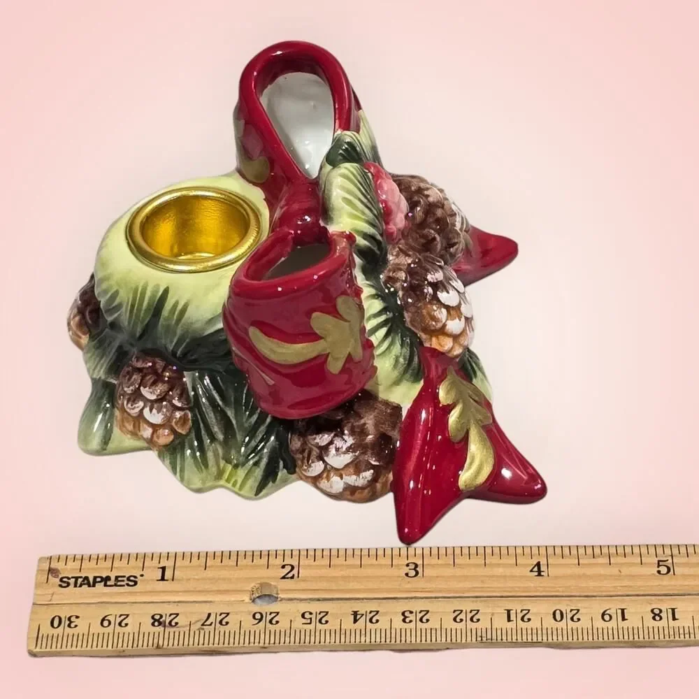 VTG Ceramic Christmas Wreath Candle Holders With Pinecones And Red Bow‎ 3D
